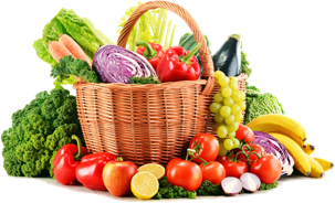 Wicker basket filled with assorted fresh vegetables and fruits including tomatoes, grapes, lettuce, and bananas