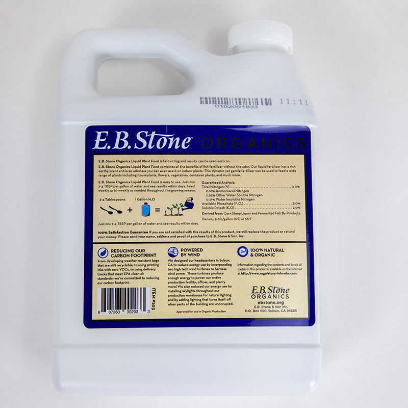 E.B.Stone Organics Liquid Plant Food 3-3-2 (1qt) back label