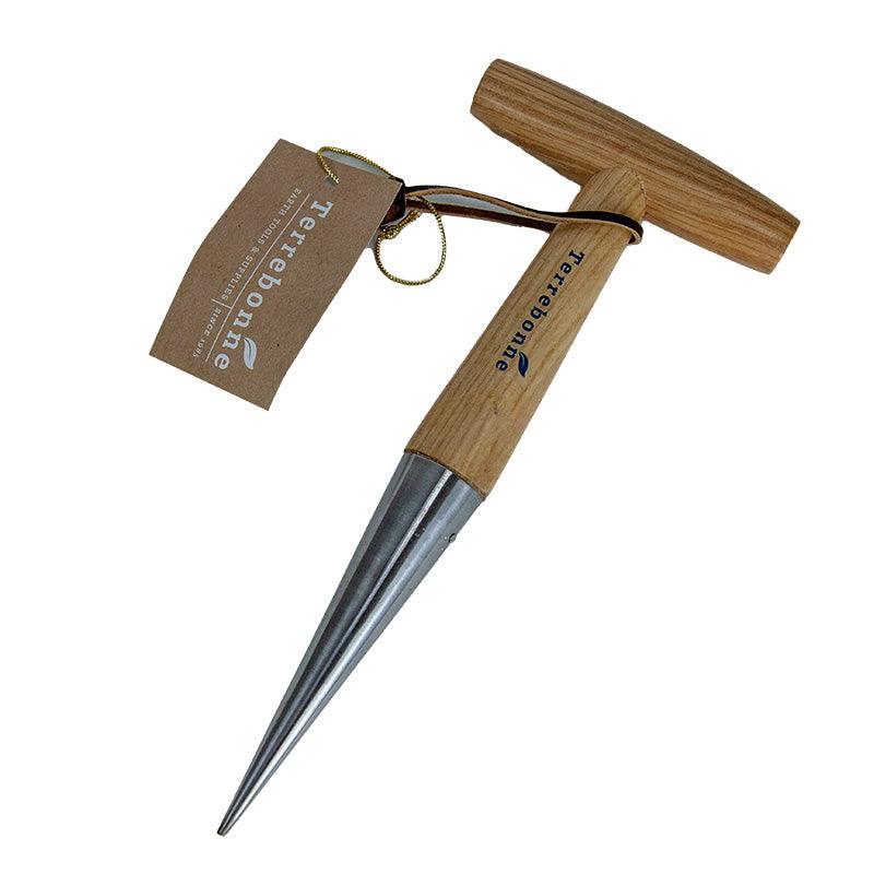 Terrabonne wood handled garden dibbler on a white background