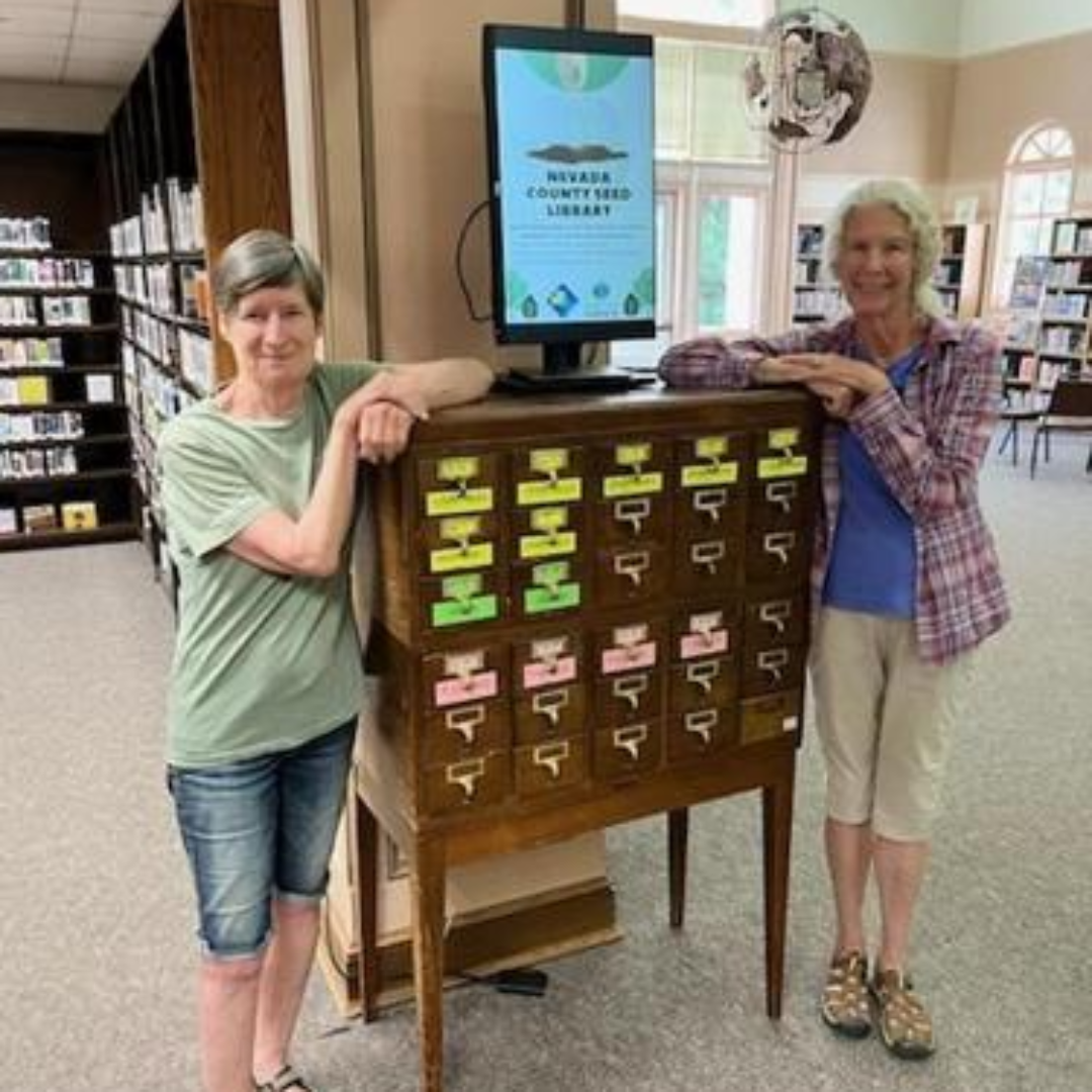 Two women standing next to a card catalog in a library setting.