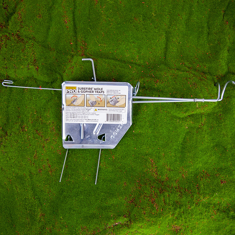 SureFire Gopher Trap photo on a grassy background - trap closed back side pic