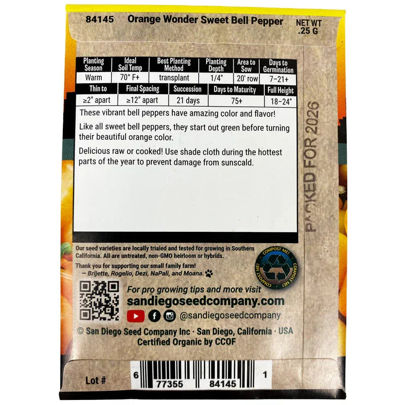 Orange Wonder Sweet Bell Pepper Seeds (Organic) San Diego Seed Company