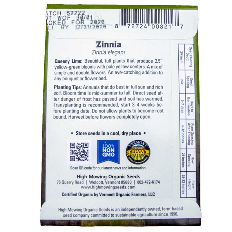 Queeny Lime Zinnia Seeds (Organic) High Mowing Seeds