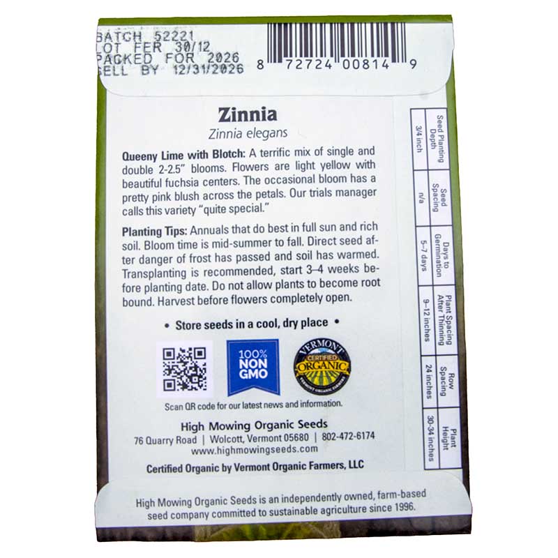 Queeny Lime with Blotch Zinnia Seeds (Organic) High Mowing Seeds