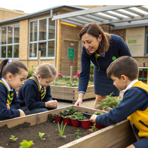 Teacher and students tending to a school garden.