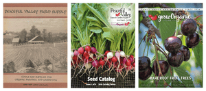 Three Peaceful Valley and GrowOrganic catalog covers showing vintage farming tools, fresh radishes, and cherries for bare root fruit trees