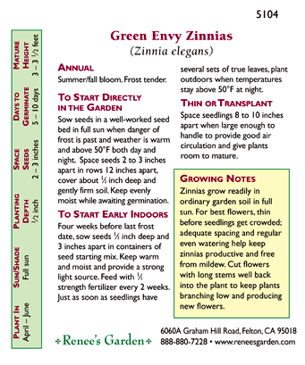Renee's Garden Zinnia Green Envy (Heirloom) - Grow Organic Renee's Garden Zinnia Green Envy (Heirloom) Flower Seed & Bulbs