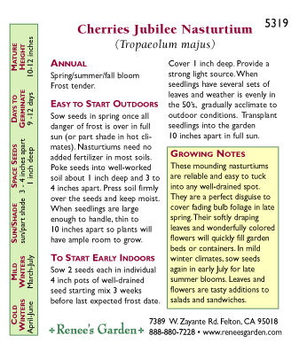 Renee's Garden Nasturtium Mounding Cherries Jubilee Heirloom Renee's Garden Nasturtium Mounding Cherries Jubilee (Heirloom) Flower Seed & Bulbs