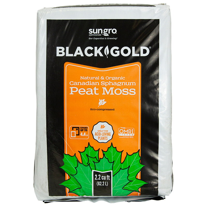 Black Gold Peat Moss 2.2 cu ft bag front on white background.