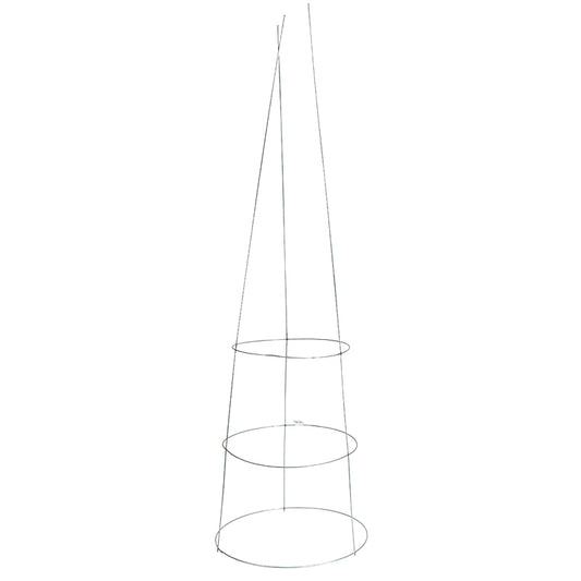 Metal Tomato Cage with 3 circular rings 48 inches tall on a white background.
