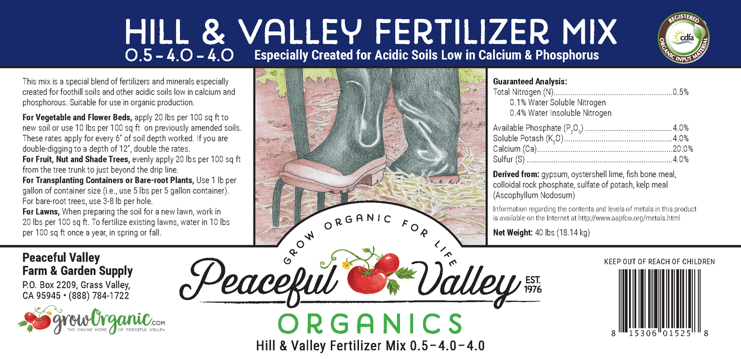 Hill & Valley Fertilizer Mix 0.5-4.0-4.0 (40 lb) Peaceful Valley
