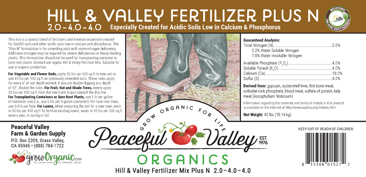 Hill & Valley Fertilizer Mix Plus N 2.0-4.0-4.0 (40 lb) Peaceful Valley