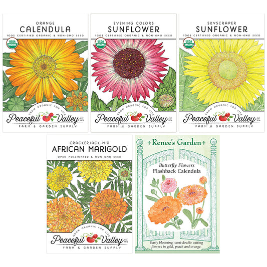Peaceful Valley and Renee's Garden Annual Flowers Seed pack Collection includes Orange Calendula, Evening Colors Sunflower, Skyscraper Sunflower, Crackerjack Mix African Marigold, and Flashback Calendula.