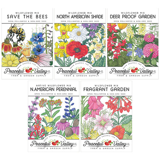 Peaceful Valley Native Wildflower Seed Pack Collection includes Save the Bees Wildflower Mix, North American Shade Wildflower Mix, Deer Proof Garden Wildflower Mix, North American Perennial Native Wildflower Mix, and Fragrant Garden Wildflower Mix.
