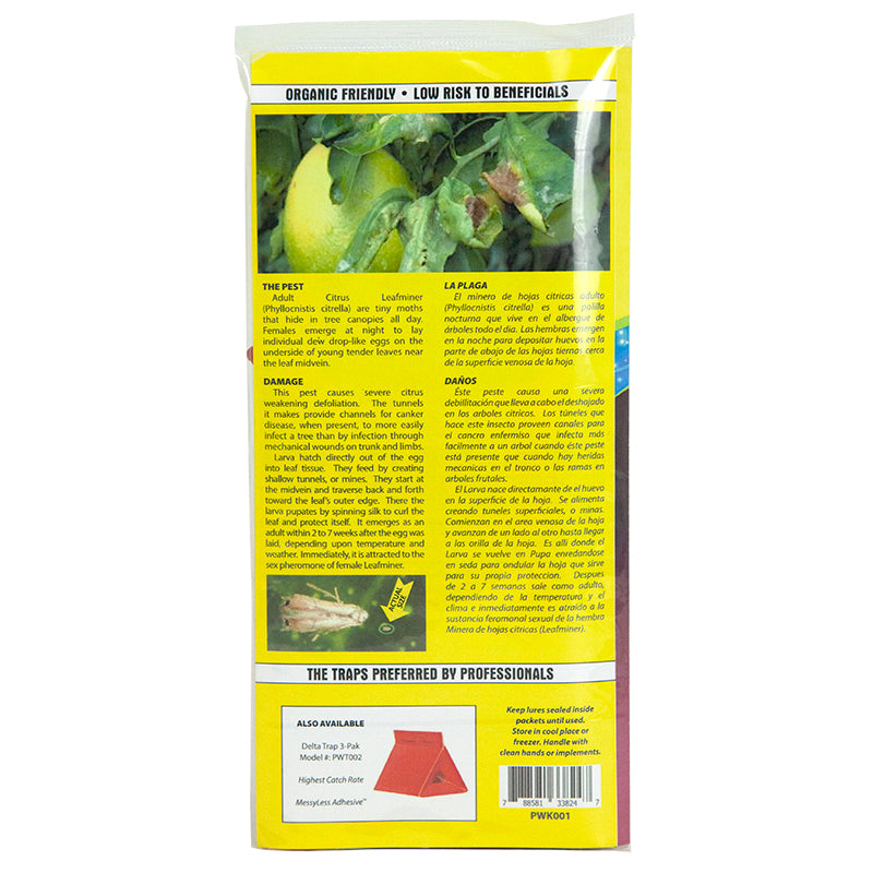 Pest Wizard Citrus Leafminer Trap Kit package back on white background.