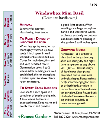 Renee's Garden Basil Mini Windowbox - Grow Organic Renee's Garden Basil Mini Windowbox Herb Seeds