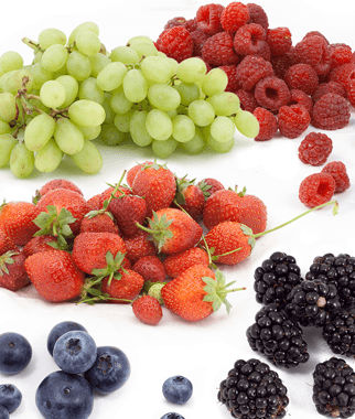 Assorted grapes, strawberries, raspberries, blueberries, and blackberries