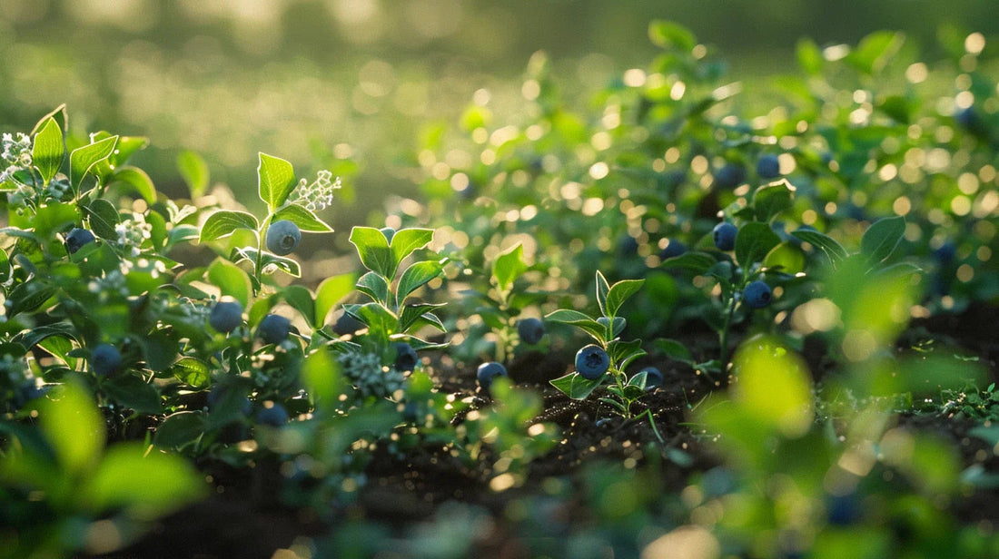 Young blueberry plants growing in sunlit soil
