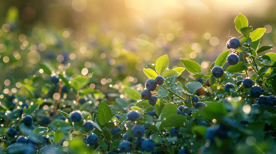 Ripe blueberries on bushes in morning light