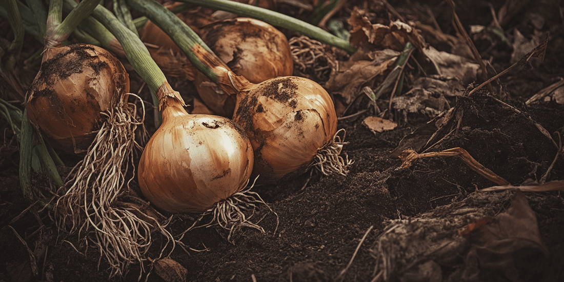 Onions growing with green tops
