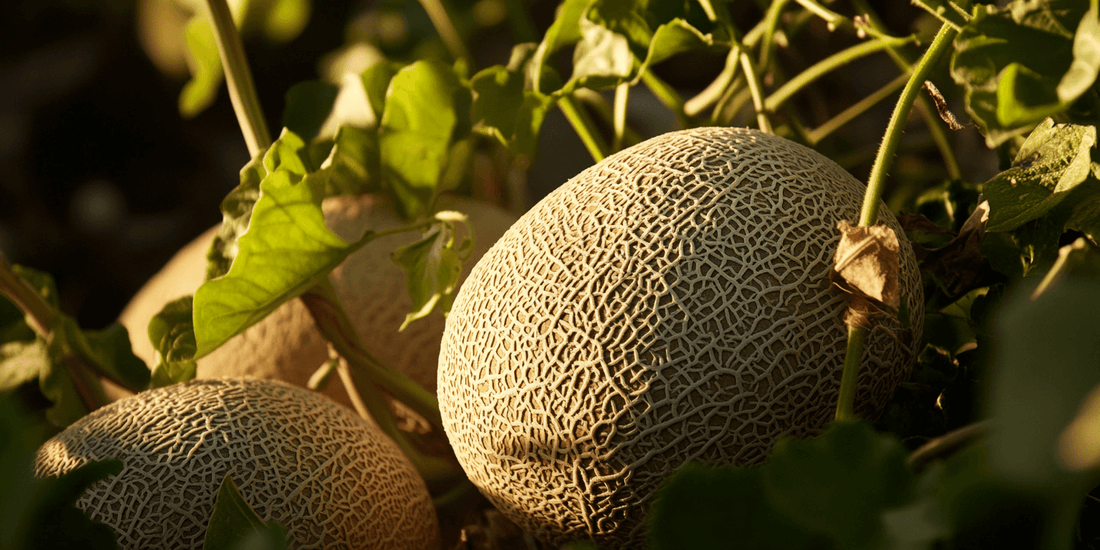Cantaloupes ripening on a leafy vine