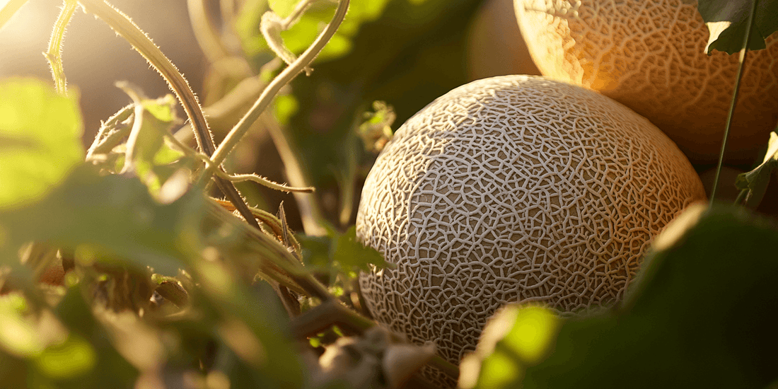 Cantaloupes growing among vine leaves