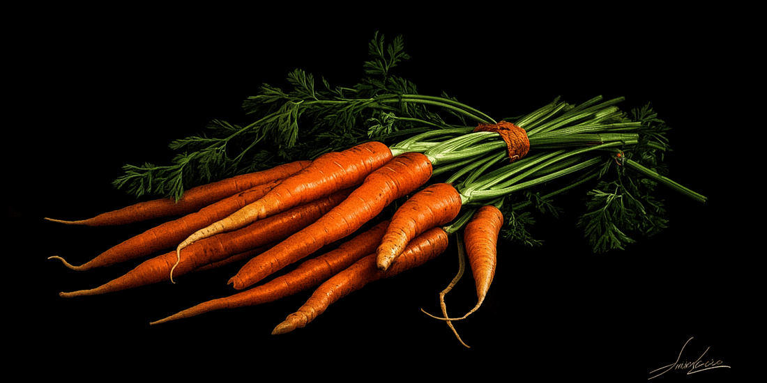 Bundle of orange carrots on a black background