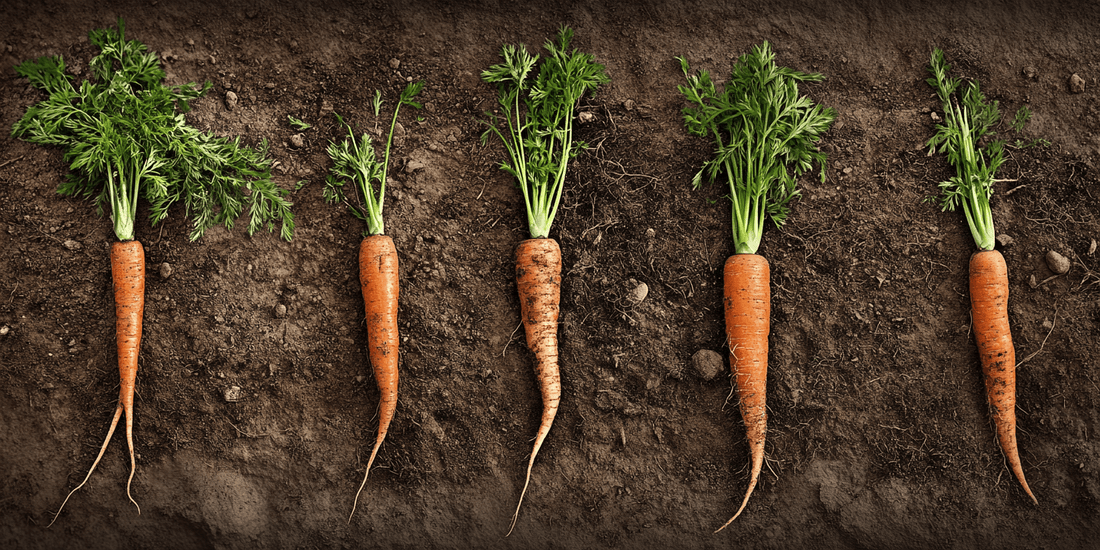 Freshly harvested carrots laid across garden soil