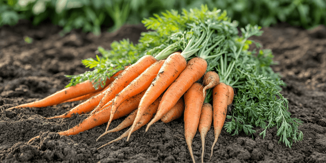 Fresh orange carrots lying on soil