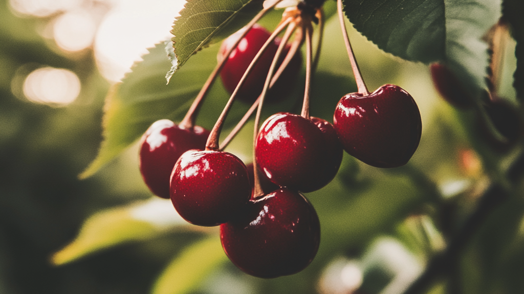 Ripe cherries on a fruiting cherry tree during harvest season