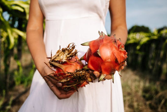 Close-Up Shot of a Person in White Dress Holding Dragon Fruits
