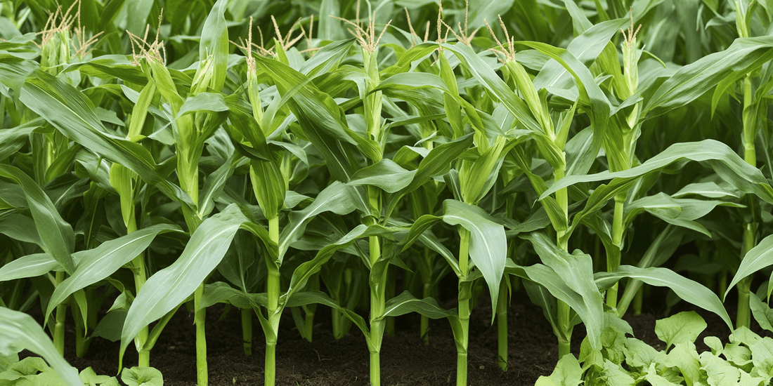 Young corn growing in rows