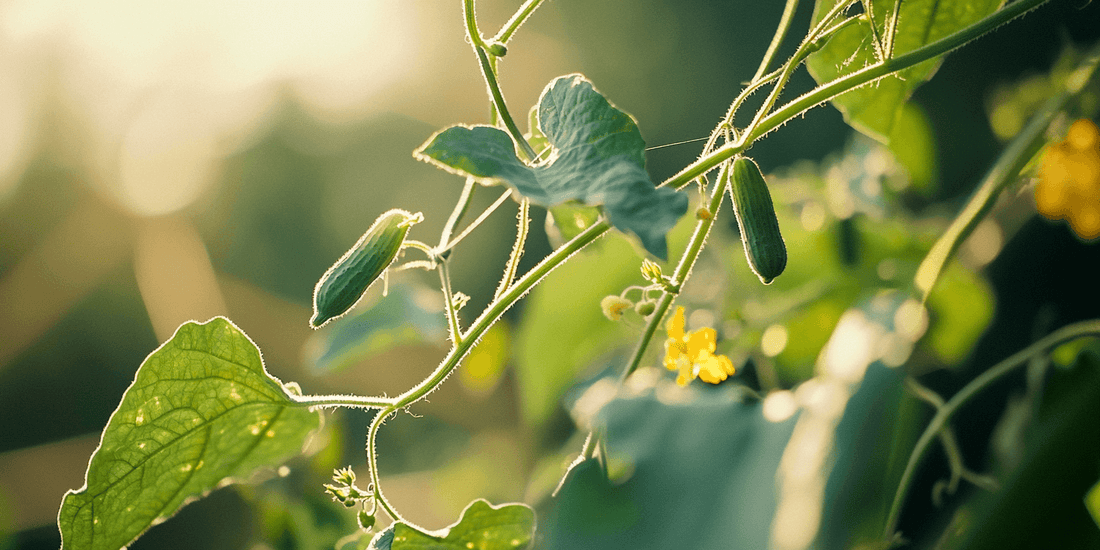 Small cucumbers and yellow flowers on a sunlit vine
