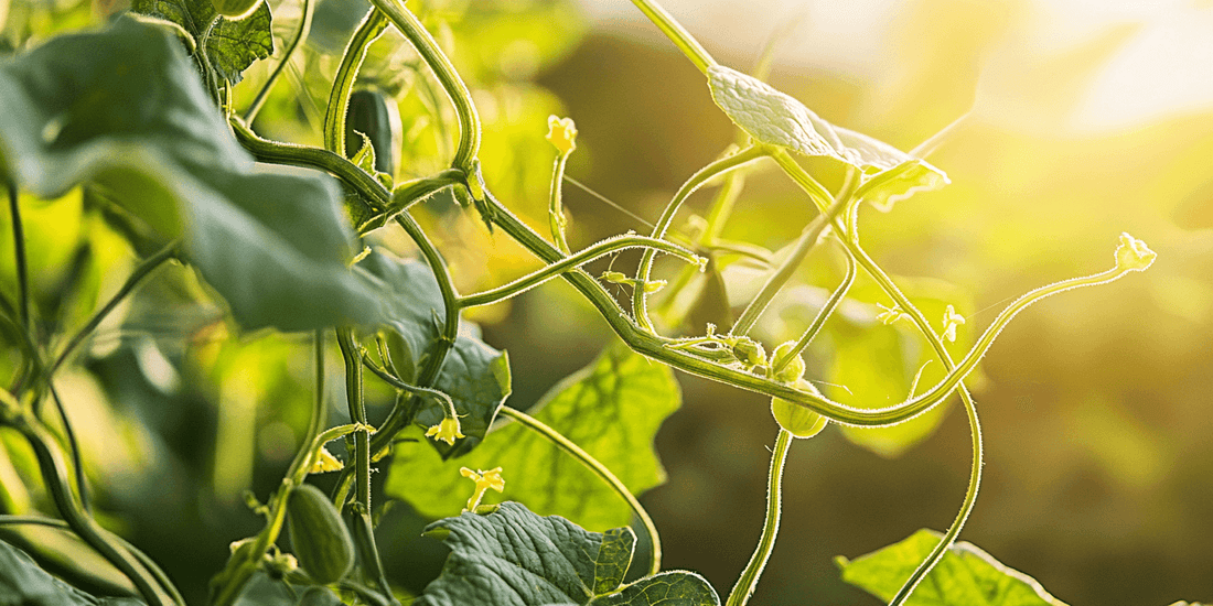 Cucumber vine growing in warm sunlight