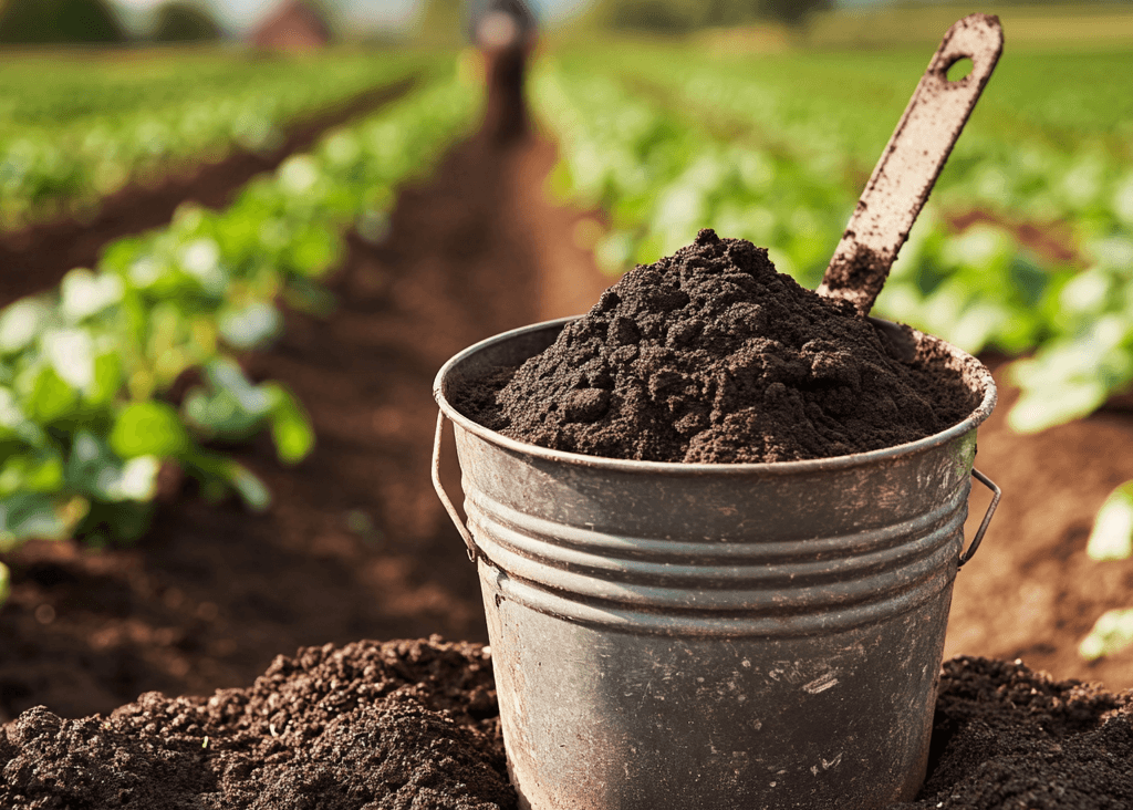 Metal bucket filled with dark fertilizer in a cultivated field