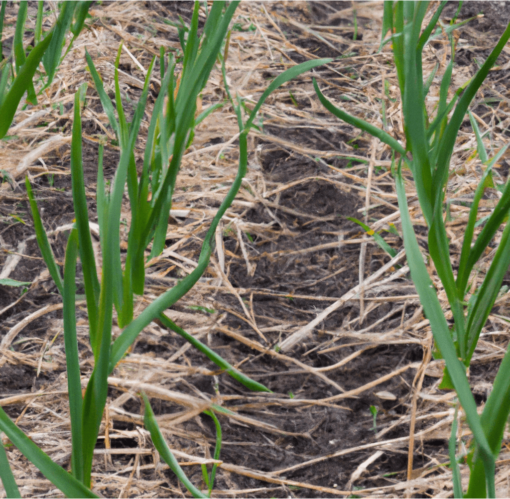 Young garlic plants growing through straw mulch