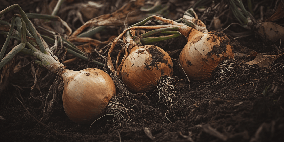 Onion bulbs growing in soil
