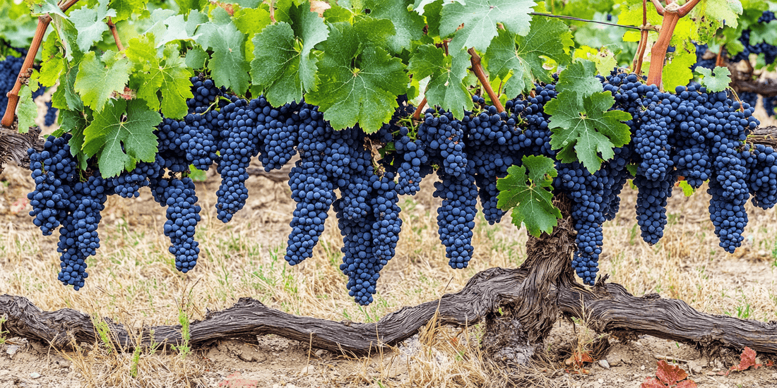 Dark grape clusters hanging beneath vines