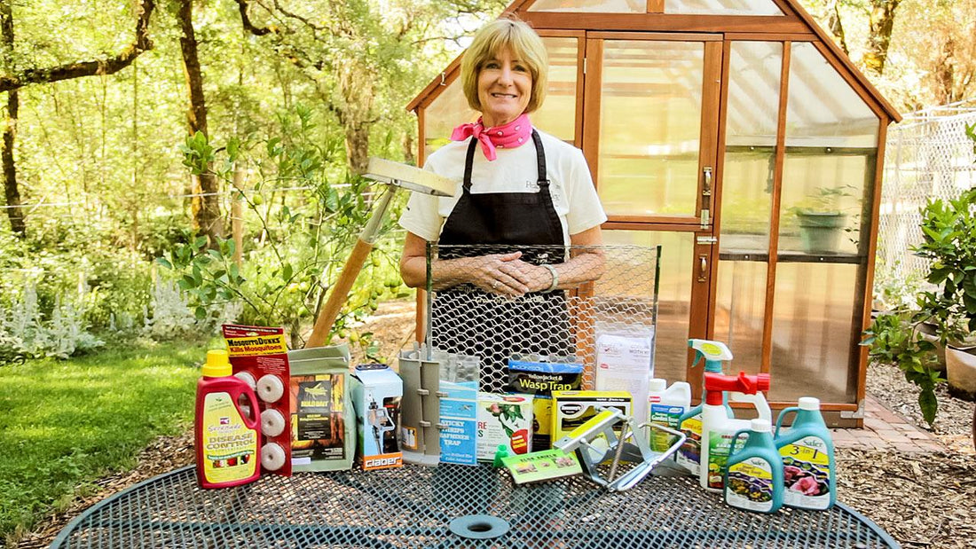 Gardener displaying pest-control products on an outdoor table