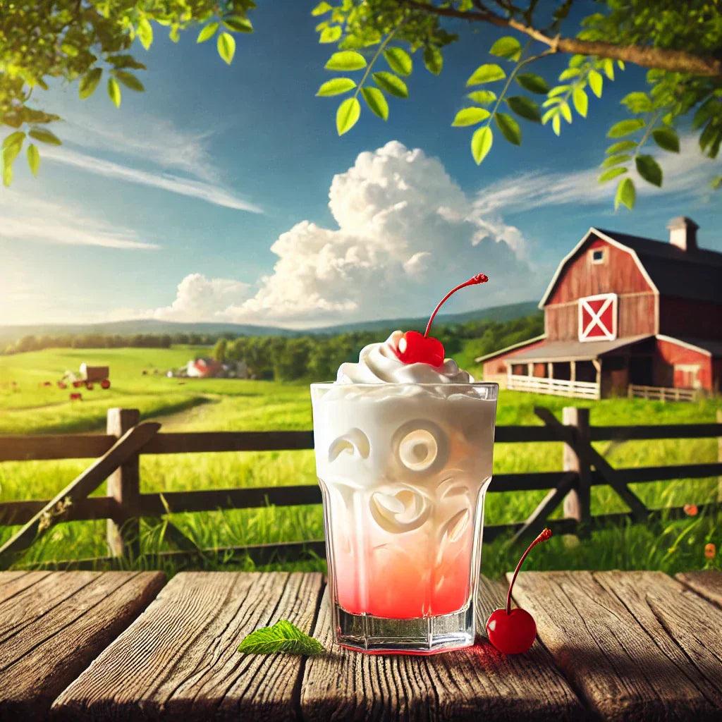 Italian cream soda graphic over a farm scene