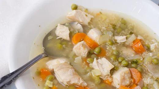 Bowl of lemon chicken and quinoa soup