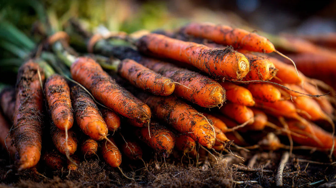 Freshly harvested carrots covered with garden soil