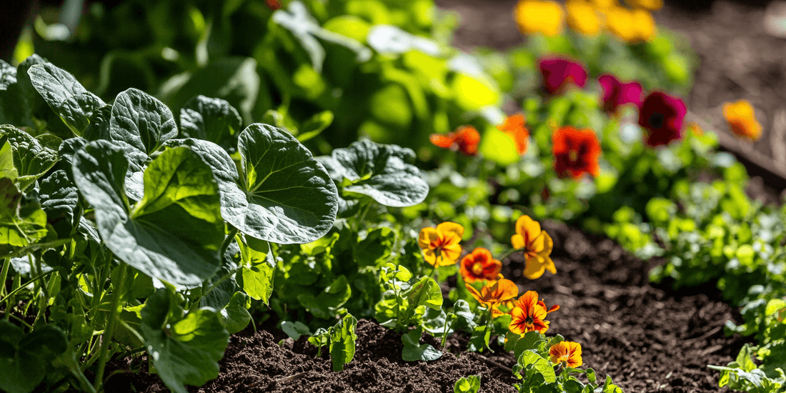 Nasturtium flowers among round leaves