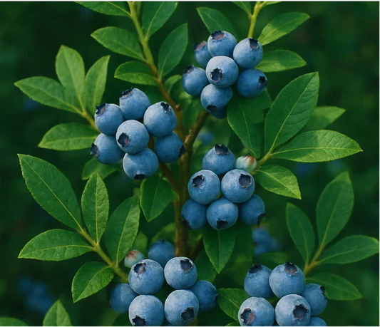 Blueberry plant with fruit and foliage