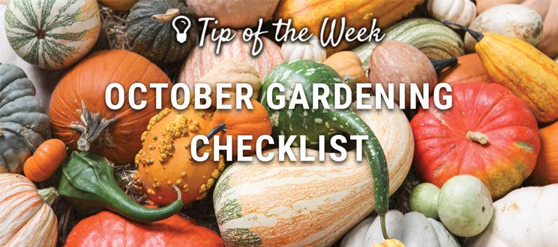 October gardening checklist graphic over winter squash