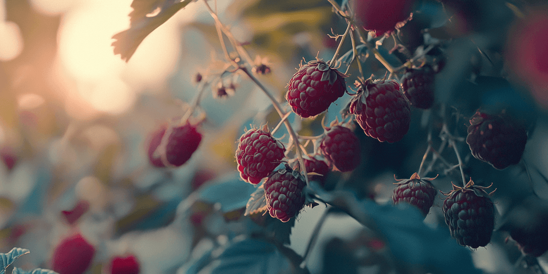 Raspberries ripening on sunlit canes