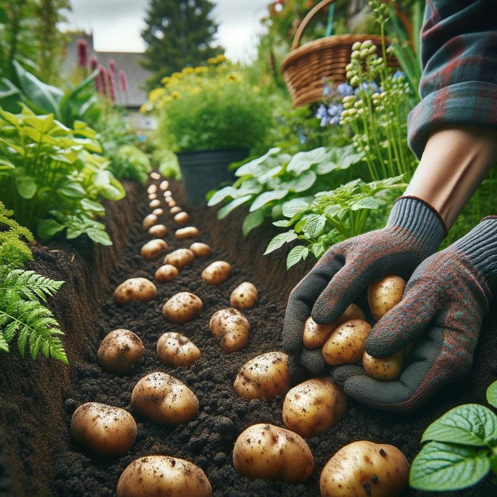 Gloved hands harvesting potatoes from dark soil