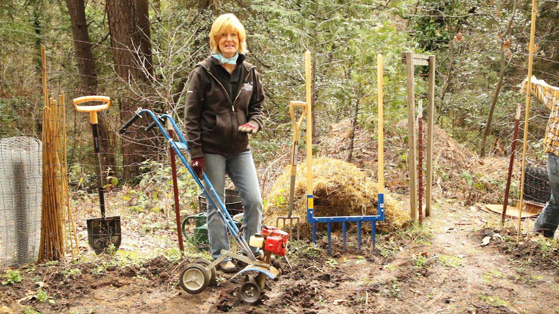 Woman standing with garden tools in a vegetable plot
