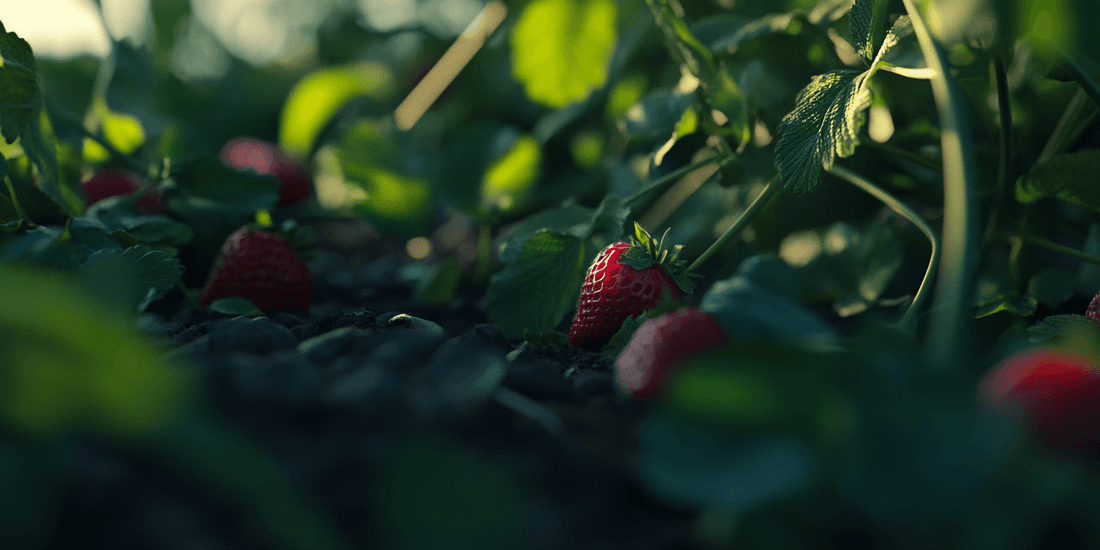 Red strawberry ripening beneath green leaves