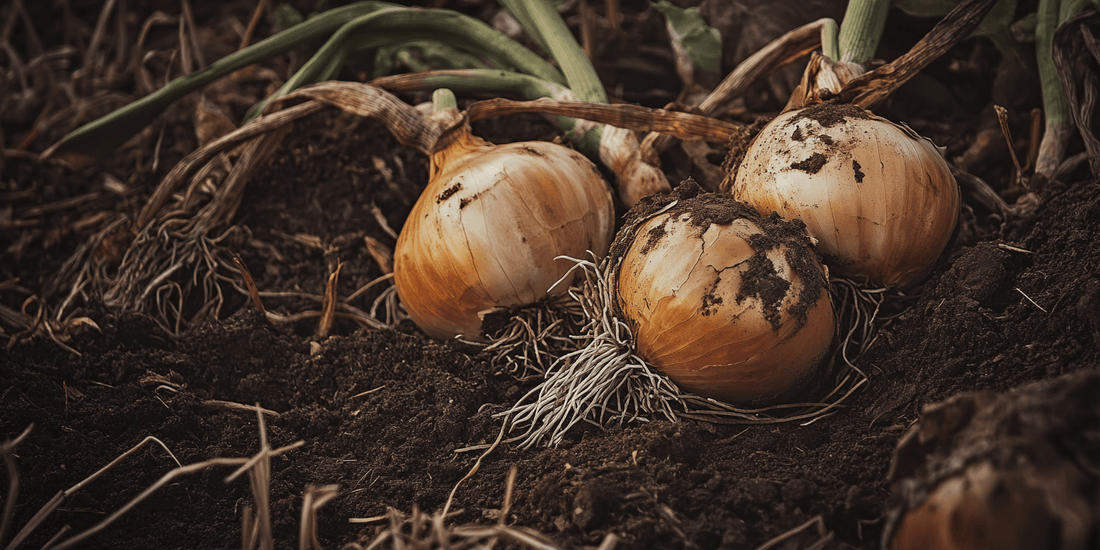 Rows of onions in soil